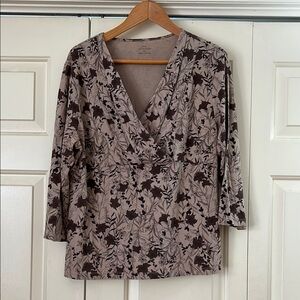croft & barrow Petite Tan and Brown Top with Floral Print Size PXL Faux Wrap V